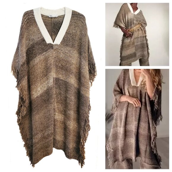 Zara Rustic Fringe Wool Alpaca Longline OVERSIZED Poncho - Picture 1 of 7